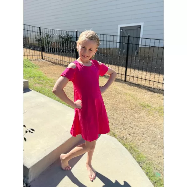 Arshiner Girls Summer Dress Short Sleeve Cold Shoulder Solid Color Swing Casual Dresses with Pockets