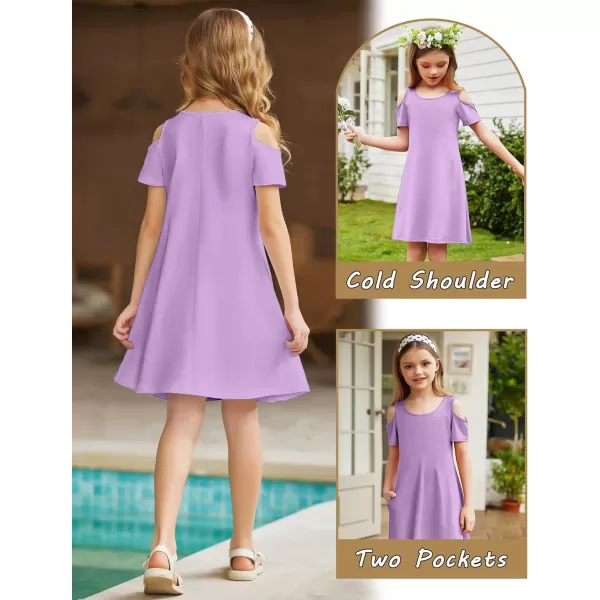 Arshiner Girls Summer Dress Short Sleeve Cold Shoulder Solid Color Swing Casual Dresses with Pockets