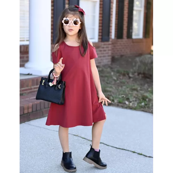 Arshiner Girls Summer Dress Short Sleeve Cold Shoulder Solid Color Swing Casual Dresses with Pockets