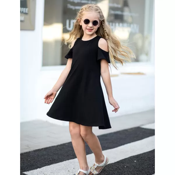 Arshiner Girls Summer Dress Short Sleeve Cold Shoulder Solid Color Swing Casual Dresses with Pockets