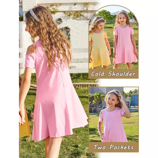 Arshiner Girls Summer Dress Short Sleeve Cold Shoulder Solid Color Swing Casual Dresses with Pockets