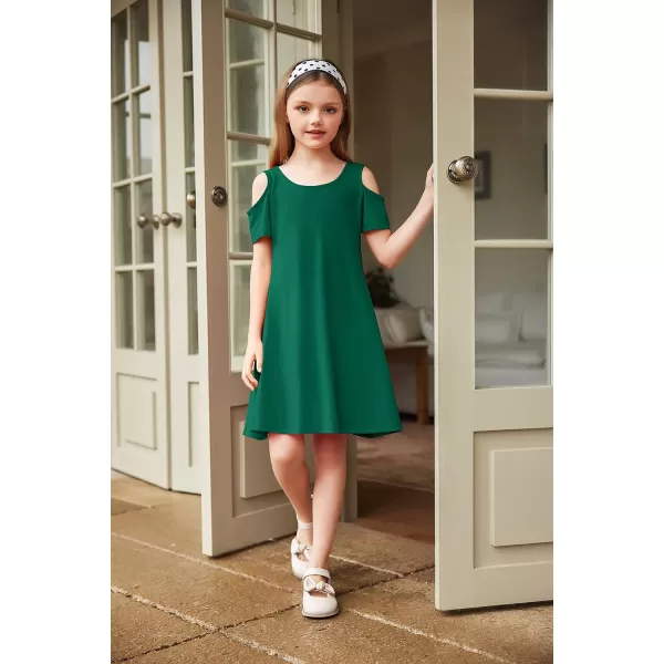 Arshiner Girls Summer Dress Short Sleeve Cold Shoulder Solid Color Swing Casual Dresses with Pockets