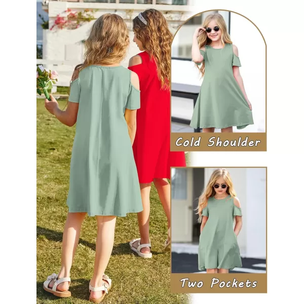 Arshiner Girls Summer Dress Short Sleeve Cold Shoulder Solid Color Swing Casual Dresses with Pockets