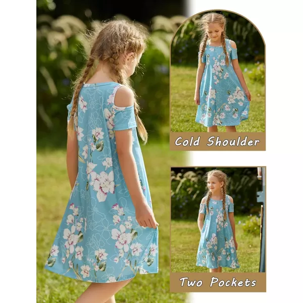Arshiner Girls Summer Dress Short Sleeve Cold Shoulder Solid Color Swing Casual Dresses with Pockets