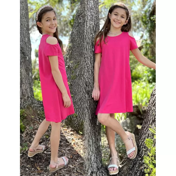 Arshiner Girls Summer Dress Short Sleeve Cold Shoulder Solid Color Swing Casual Dresses with Pockets