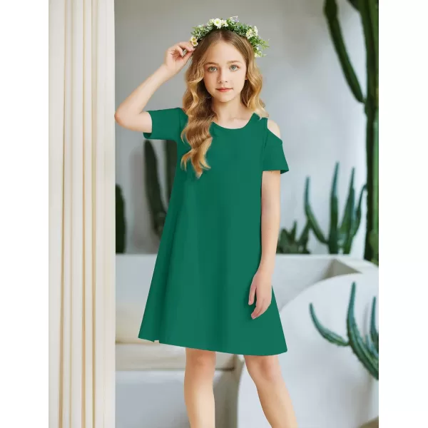 Arshiner Girls Summer Dress Short Sleeve Cold Shoulder Solid Color Swing Casual Dresses with Pockets