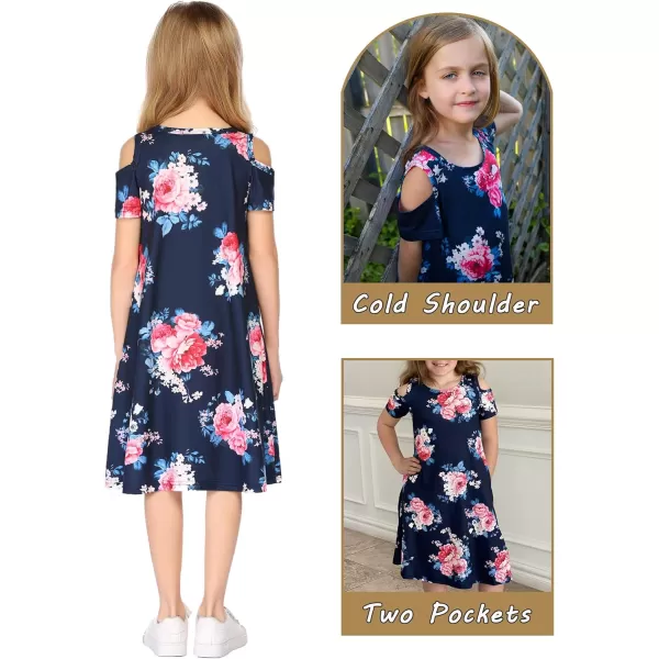 Arshiner Girls Summer Dress Short Sleeve Cold Shoulder Solid Color Swing Casual Dresses with Pockets