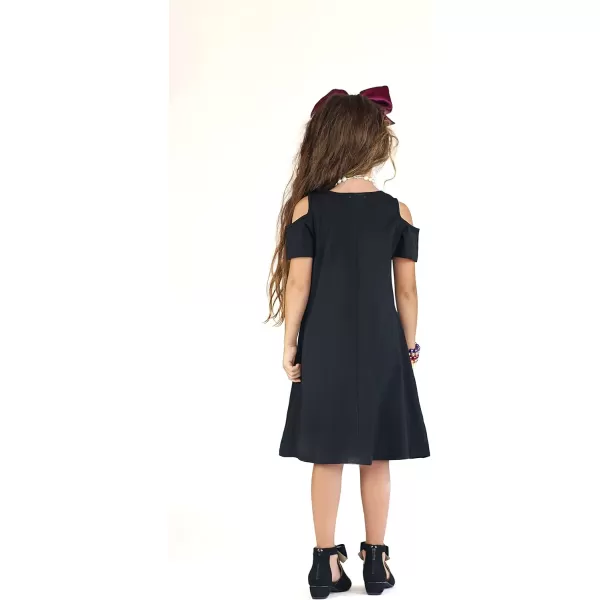 Arshiner Girls Summer Dress Short Sleeve Cold Shoulder Solid Color Swing Casual Dresses with Pockets