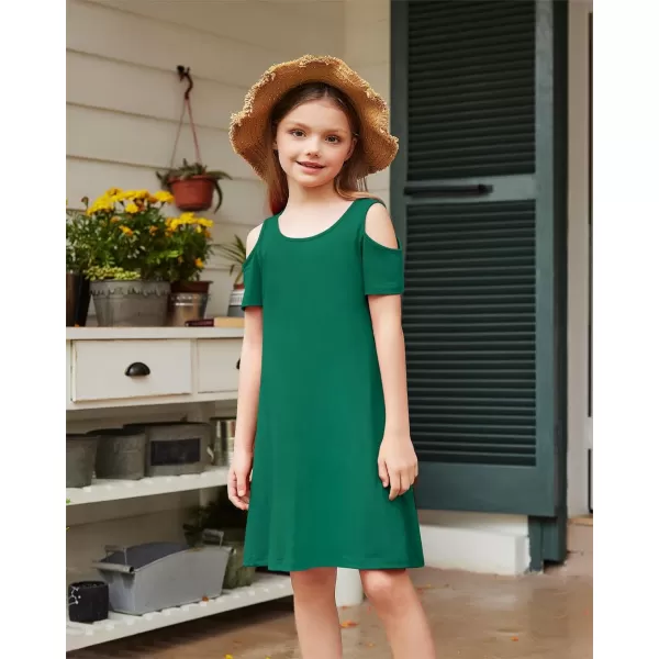 Arshiner Girls Summer Dress Short Sleeve Cold Shoulder Solid Color Swing Casual Dresses with Pockets