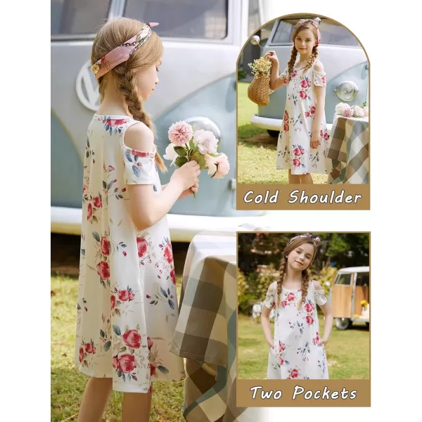 Arshiner Girls Summer Dress Short Sleeve Cold Shoulder Solid Color Swing Casual Dresses with Pockets