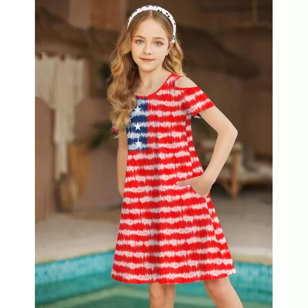 Arshiner Girls Summer Dress Short Sleeve Cold Shoulder Solid Color Swing Casual Dresses with Pockets