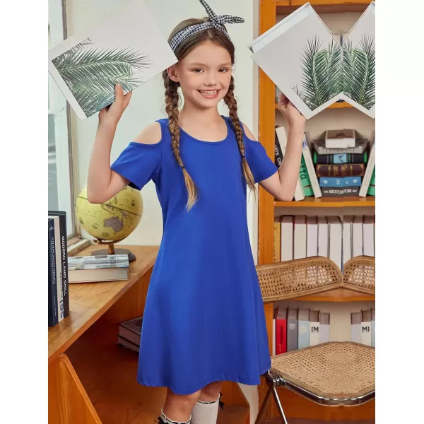 Arshiner Girls Summer Dress Short Sleeve Cold Shoulder Solid Color Swing Casual Dresses with Pockets