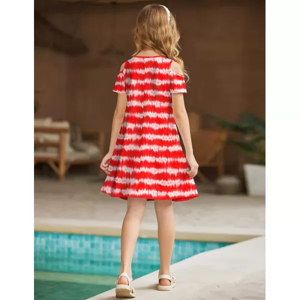 Arshiner Girls Summer Dress Short Sleeve Cold Shoulder Solid Color Swing Casual Dresses with Pockets