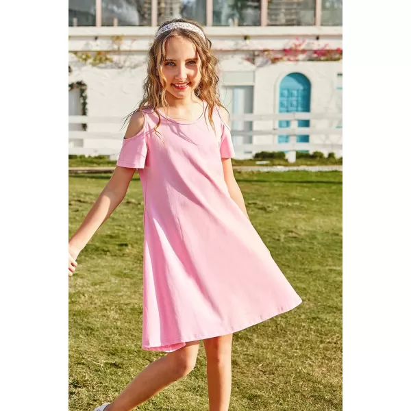 Arshiner Girls Summer Dress Short Sleeve Cold Shoulder Solid Color Swing Casual Dresses with Pockets
