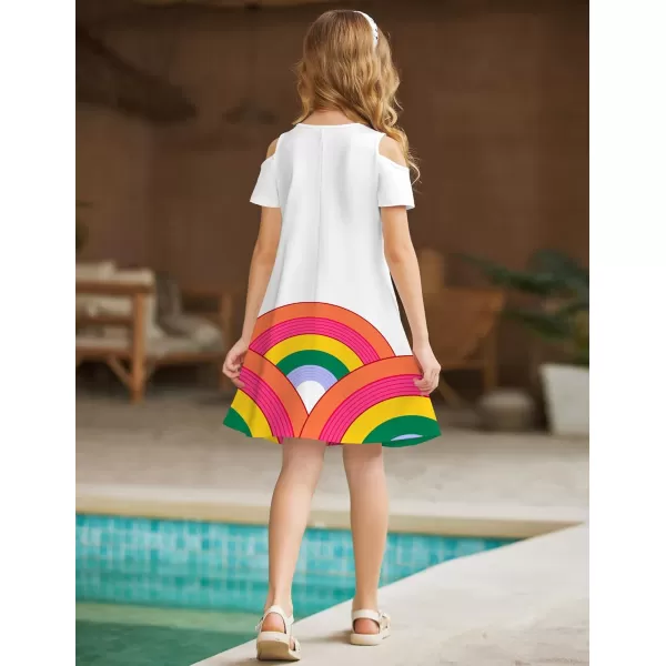 Arshiner Girls Summer Dress Short Sleeve Cold Shoulder Solid Color Swing Casual Dresses with Pockets