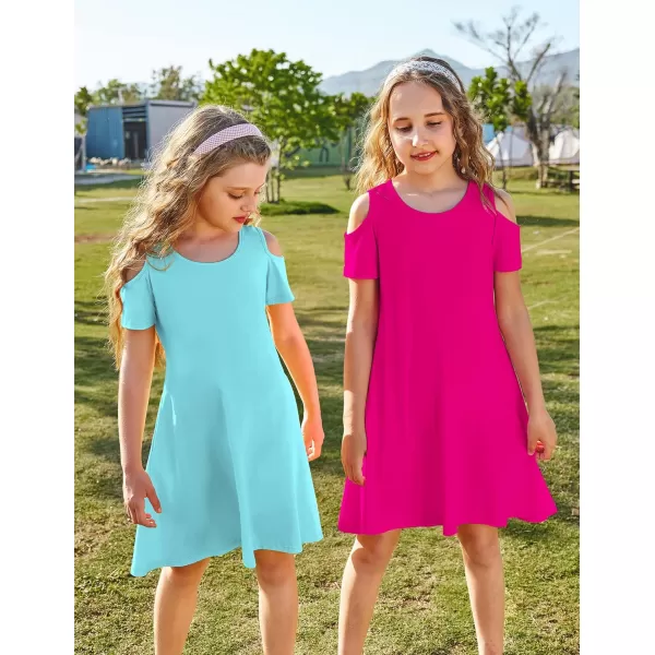 Arshiner Girls Summer Dress Short Sleeve Cold Shoulder Solid Color Swing Casual Dresses with Pockets