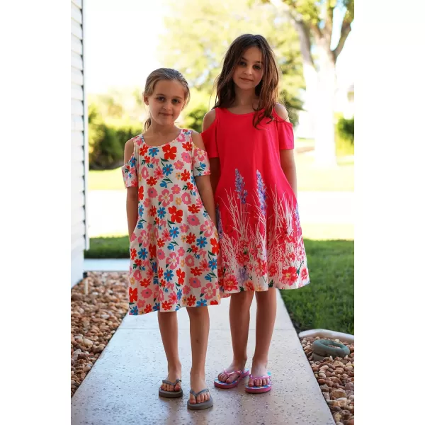Arshiner Girls Summer Dress Short Sleeve Cold Shoulder Solid Color Swing Casual Dresses with Pockets