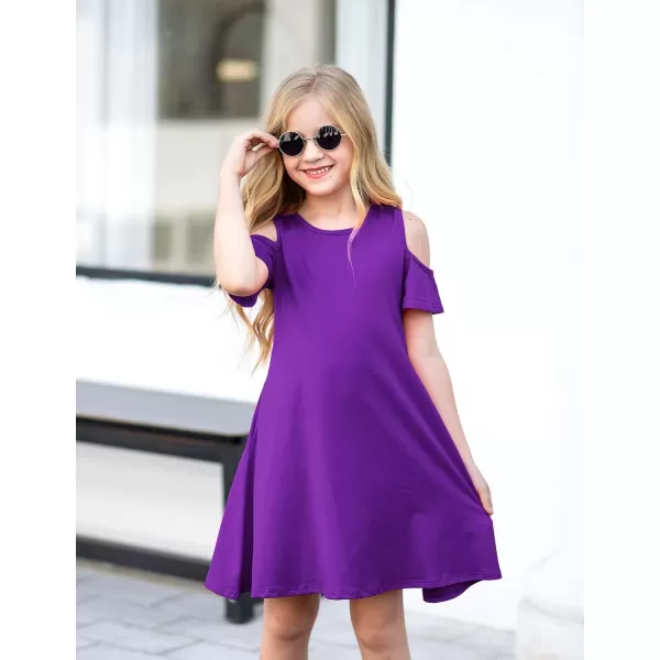 Arshiner Girls Summer Dress Short Sleeve Cold Shoulder Solid Color Swing Casual Dresses with Pockets