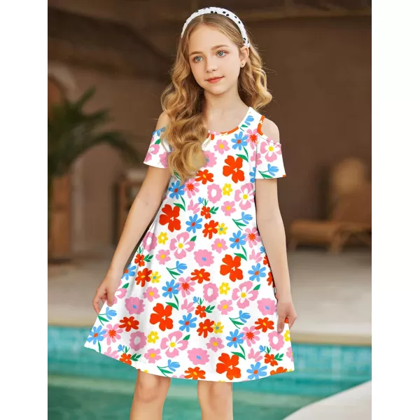 Arshiner Girls Summer Dress Short Sleeve Cold Shoulder Solid Color Swing Casual Dresses with Pockets