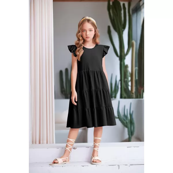 Arshiner Girl's Summer Dresses Ruffle Sleeve Tiered Swing Midi Casual Sundress with Pockets
