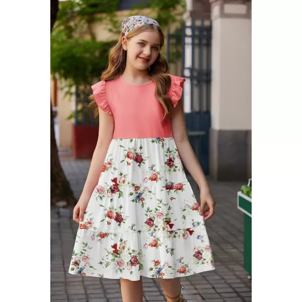 Arshiner Girl's Summer Dresses Ruffle Sleeve Tiered Swing Midi Casual Sundress with Pockets
