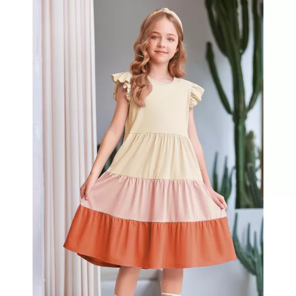 Arshiner Girl's Summer Dresses Ruffle Sleeve Tiered Swing Midi Casual Sundress with Pockets