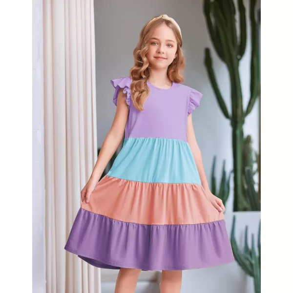 Arshiner Girl's Summer Dresses Ruffle Sleeve Tiered Swing Midi Casual Sundress with Pockets