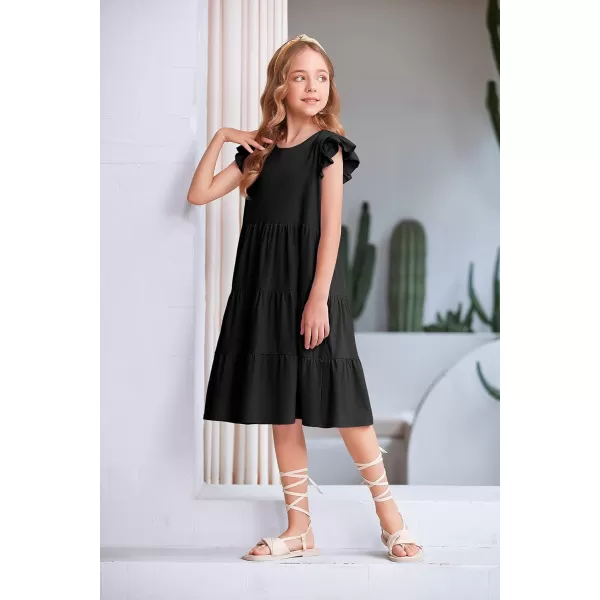 Arshiner Girl's Summer Dresses Ruffle Sleeve Tiered Swing Midi Casual Sundress with Pockets