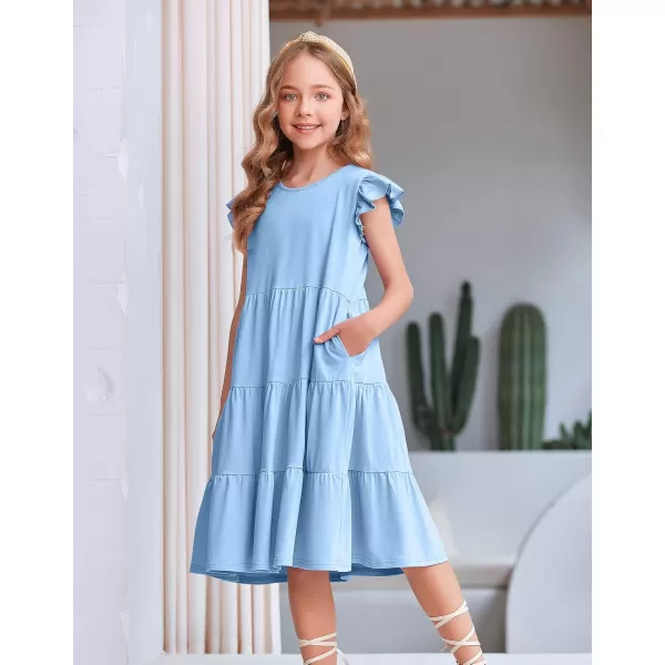 Arshiner Girl's Summer Dresses Ruffle Sleeve Tiered Swing Midi Casual Sundress with Pockets