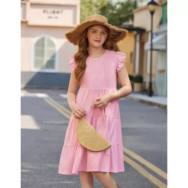Arshiner Girl's Summer Dresses Ruffle Sleeve Tiered Swing Midi Casual Sundress with Pockets