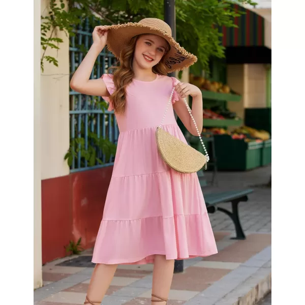 Arshiner Girl's Summer Dresses Ruffle Sleeve Tiered Swing Midi Casual Sundress with Pockets