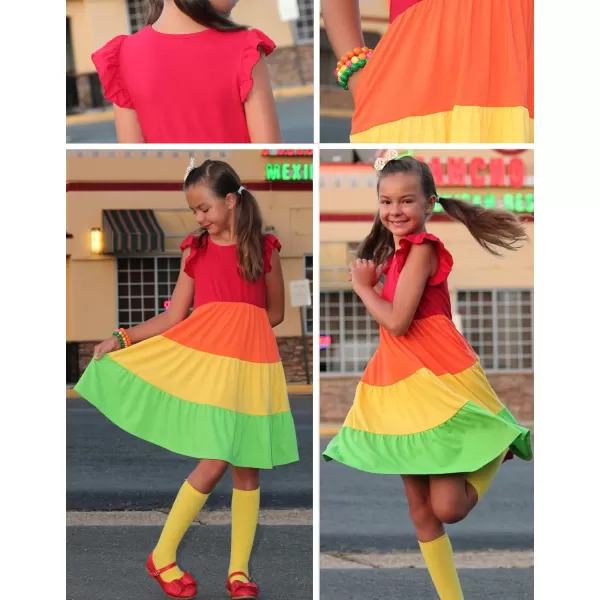 Arshiner Girl's Summer Dresses Ruffle Sleeve Tiered Swing Midi Casual Sundress with Pockets