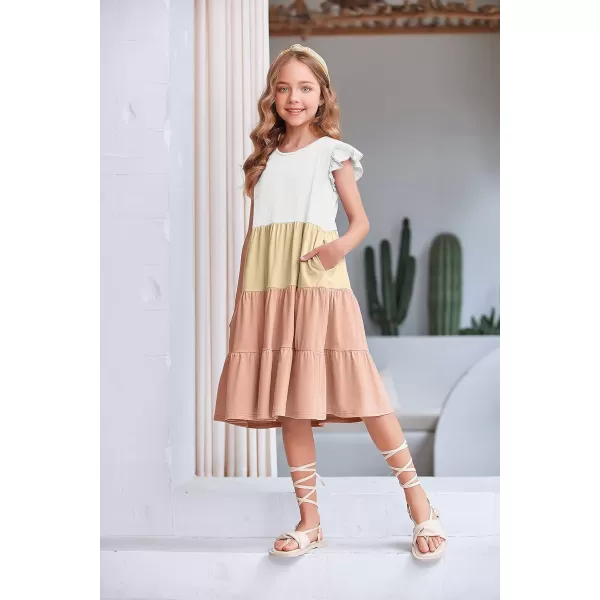 Arshiner Girl's Summer Dresses Ruffle Sleeve Tiered Swing Midi Casual Sundress with Pockets