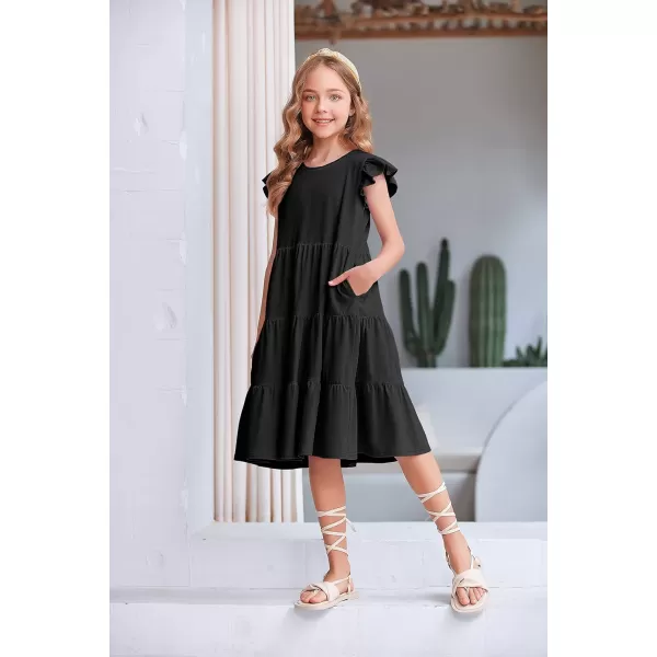 Arshiner Girl's Summer Dresses Ruffle Sleeve Tiered Swing Midi Casual Sundress with Pockets