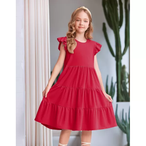 Arshiner Girl's Summer Dresses Ruffle Sleeve Tiered Swing Midi Casual Sundress with Pockets