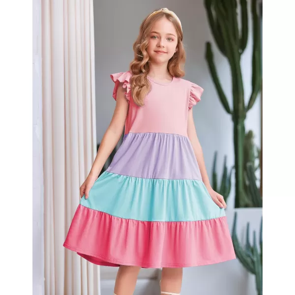 Arshiner Girl's Summer Dresses Ruffle Sleeve Tiered Swing Midi Casual Sundress with Pockets
