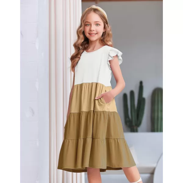 Arshiner Girl's Summer Dresses Ruffle Sleeve Tiered Swing Midi Casual Sundress with Pockets