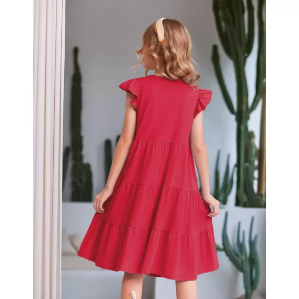 Arshiner Girl's Summer Dresses Ruffle Sleeve Tiered Swing Midi Casual Sundress with Pockets