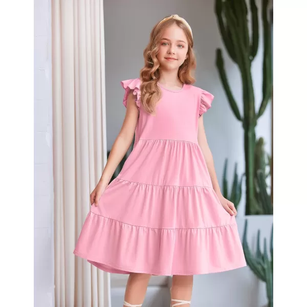 Arshiner Girl's Summer Dresses Ruffle Sleeve Tiered Swing Midi Casual Sundress with Pockets