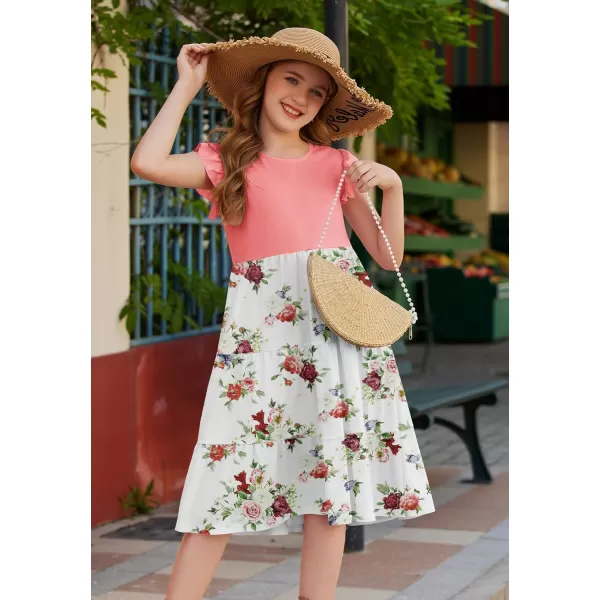 Arshiner Girl's Summer Dresses Ruffle Sleeve Tiered Swing Midi Casual Sundress with Pockets
