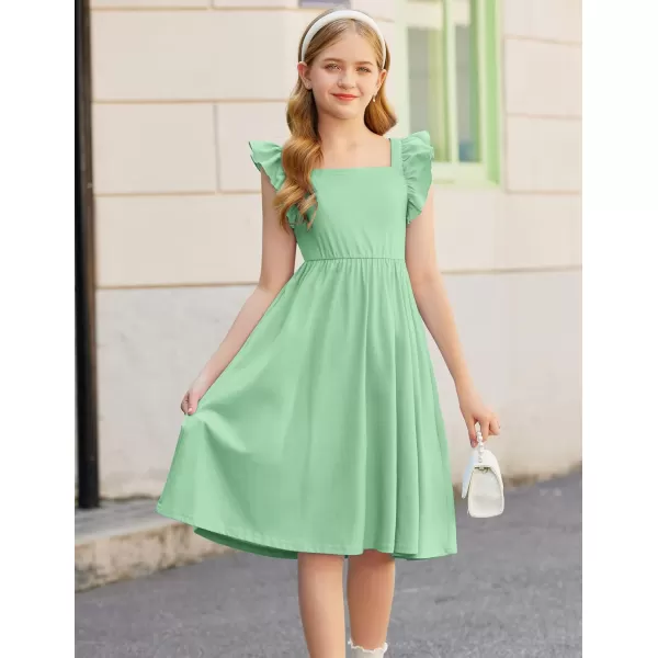 Arshiner Girls Summer Dresses Square Neck Ruffle Sleeve Tie Back A-Line Swing Casual Midi Dress with Pockets