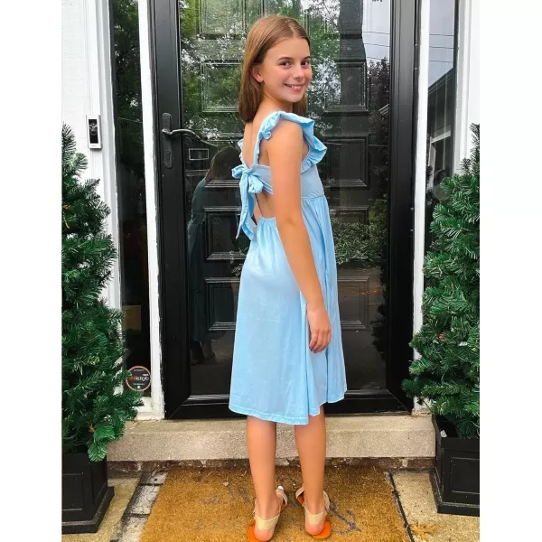 Arshiner Girls Summer Dresses Square Neck Ruffle Sleeve Tie Back A-Line Swing Casual Midi Dress with Pockets
