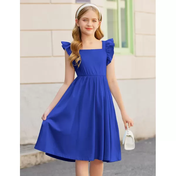 Arshiner Girls Summer Dresses Square Neck Ruffle Sleeve Tie Back A-Line Swing Casual Midi Dress with Pockets