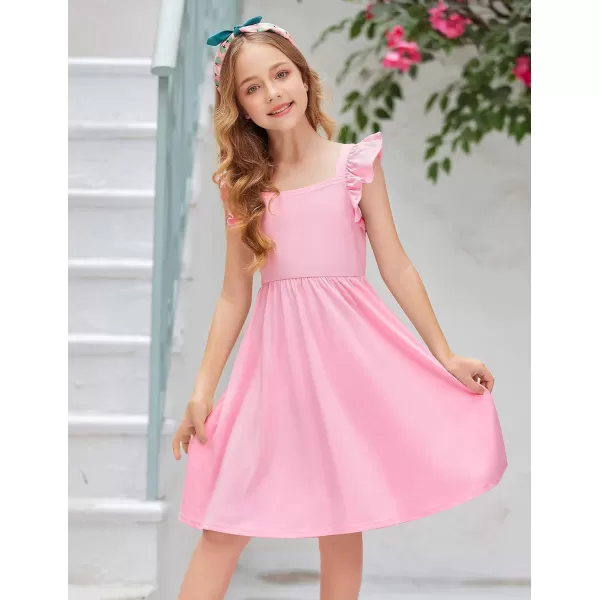 Arshiner Girls Summer Dresses Square Neck Ruffle Sleeve Tie Back A-Line Swing Casual Midi Dress with Pockets