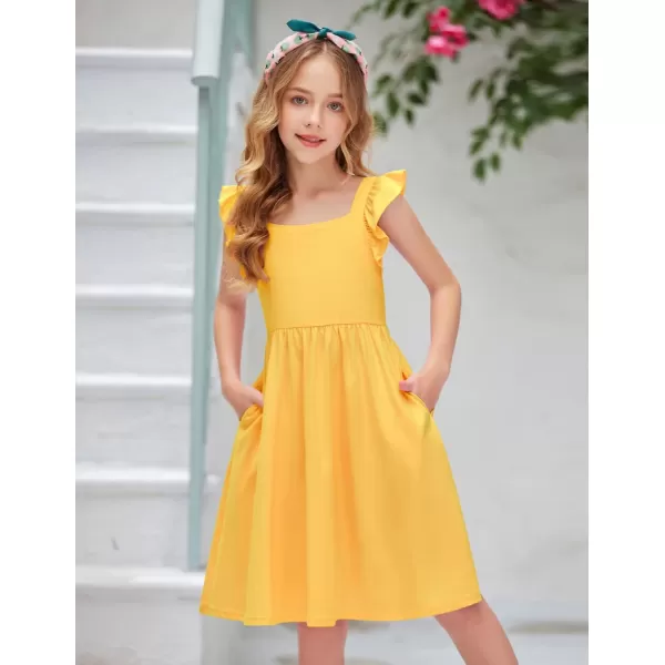 Arshiner Girls Summer Dresses Square Neck Ruffle Sleeve Tie Back A-Line Swing Casual Midi Dress with Pockets