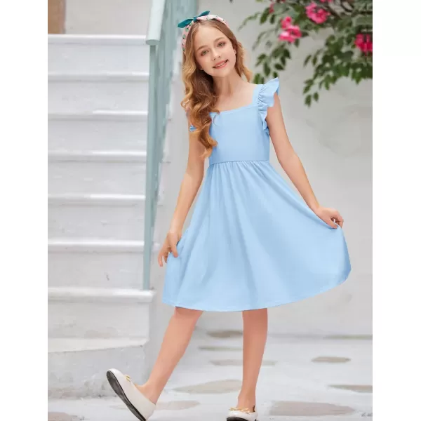 Arshiner Girls Summer Dresses Square Neck Ruffle Sleeve Tie Back A-Line Swing Casual Midi Dress with Pockets
