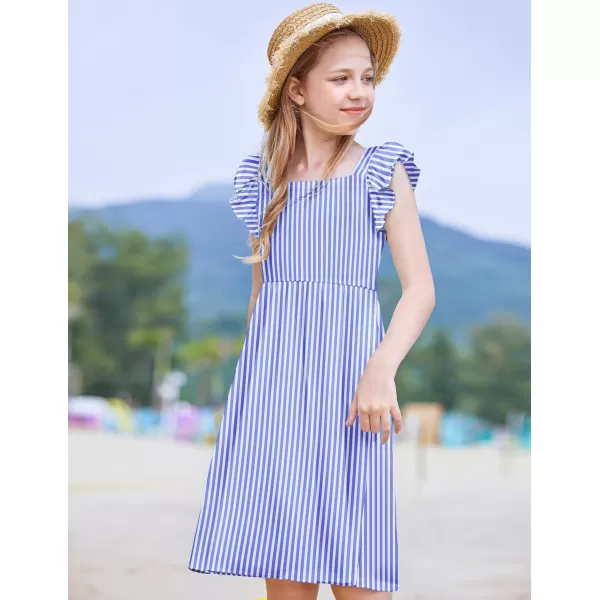 Arshiner Girls Summer Dresses Square Neck Ruffle Sleeve Tie Back A-Line Swing Casual Midi Dress with Pockets