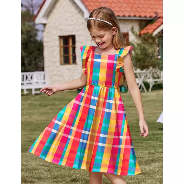 Arshiner Girls Summer Dresses Square Neck Ruffle Sleeve Tie Back A-Line Swing Casual Midi Dress with Pockets
