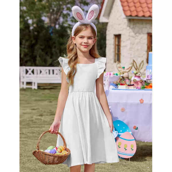 Arshiner Girls Summer Dresses Square Neck Ruffle Sleeve Tie Back A-Line Swing Casual Midi Dress with Pockets