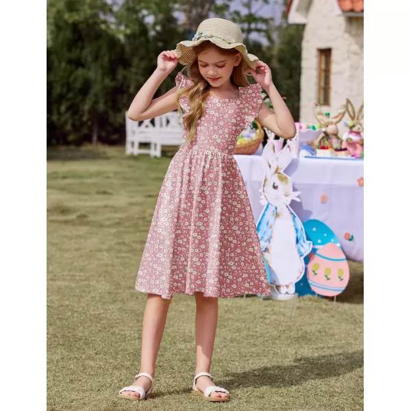 Arshiner Girls Summer Dresses Square Neck Ruffle Sleeve Tie Back A-Line Swing Casual Midi Dress with Pockets